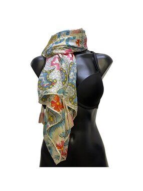 Johnny Was Multi-Color Floral & Geometric Printed Scarf With Tassels